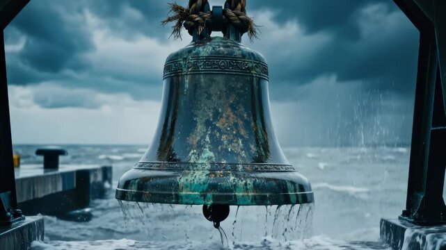 Nautical Bell Rings Amidst Crashing Waves During a Stormy Day