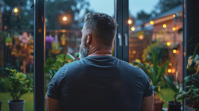 A man in his 50s is shown from behind, looking out a window