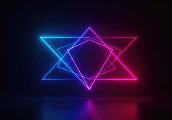 Fototapeta premium Intense glowing geometric shapes in electric pink, blue, and purple hues creating a vivid abstract pattern on a dark backdrop, retro, energy, design