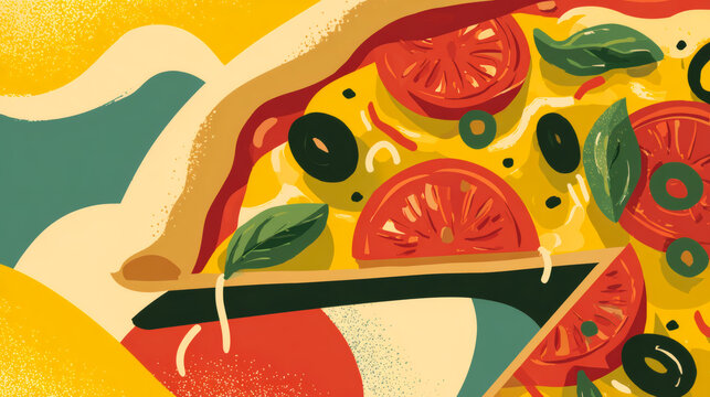 Flat Style Pizza Slice Illustration with Bold Shapes
