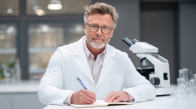 Medical scientist writing notes in bright laboratory with microscope and glassware