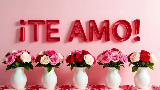 red heart balloons and roses with te amo spanish text and falling petals on pink background