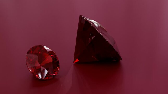 Luxurious Red Ruby Gems on Matte Background, Close-up of two radiant red rubies on a matte red surface, showcasing elegance and brilliance. Ideal for luxury and jewelry design projects.