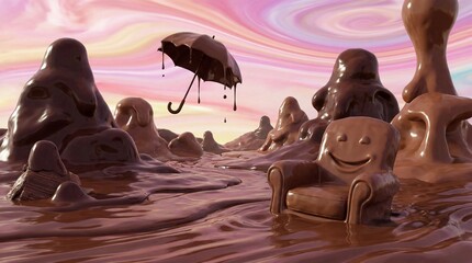 Surreal landscape with chocolate figures and umbrella floating above brown terrain under colorful sky