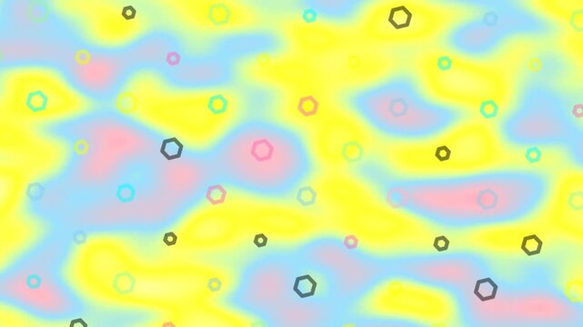 A colorful abstract background with blurred yellow, blue, and pink waves, dotted with small outlined hexagons and circles.