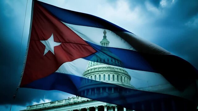 the flag of cuba waves against the background of the capitol dome in washington dc creating a visual image reflecting historical and modern diplomatic ties between the two countries today
