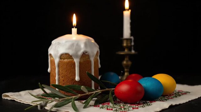 easter cake with white icing and a burning candle stands next to colorful eggs and an olive branch on an embroidered towel creating an atmosphere of an orthodox religious holiday morning