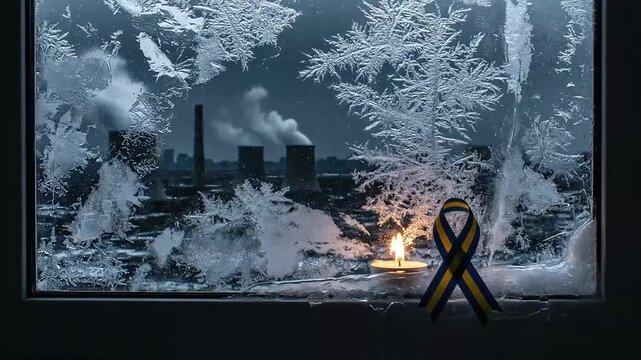 a burning candle with a yellow and blue ribbon stands on the windowsill of a frozen window with a view of a smoking factory symbolizing memory sorrow and hope of ukraine in winter time