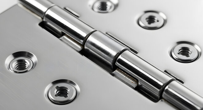 High detailed view of a shiny stainless steel hinge mechanism for heavy doors