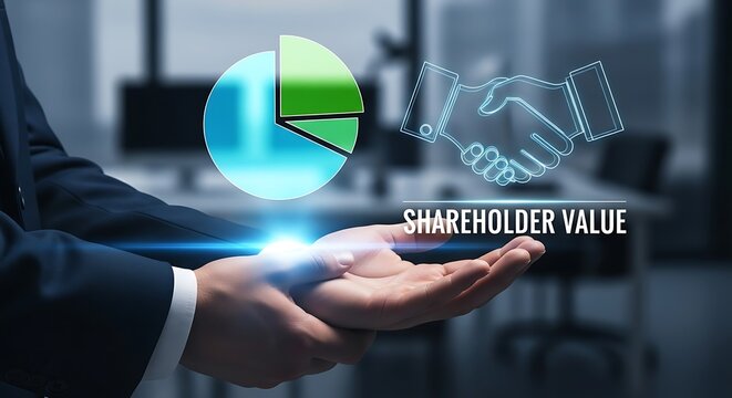 Business professional presenting shareholder value with pie chart and handshake graphic.