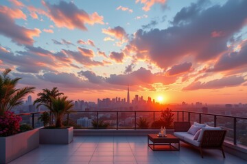 Fototapeta premium Cityscape Sunset View from Rooftop Terrace