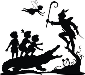 Naklejka premium Peter Pan silhouette illustration with children, fairy and crocodile, fantasy story vector art, classic fairy tale scene isolated on white