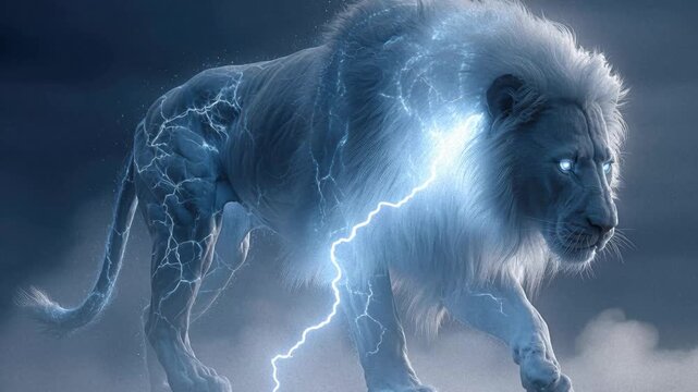 A magical lion, with electrified mane, moves through a dim forest or misty background The lions fur transitions from lighter to darker, suggesting depth Blue lightning bolts concentr - AI-Generated