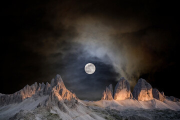 night landscape with stars and moon, milky way and galaxy in the mountains. beautiful nature background.