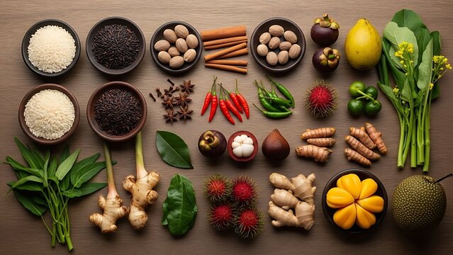 Assorted spices and ingredients arranged on a wooden table with various bowls