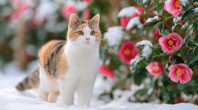 Curiosity in a serene winter scene with a calico cat standing on snow near pink camellias.