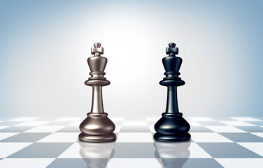 Corporate Business Strategy Concept and competition as leaders competing with two oppopsing king chess pieces fighting each other as a metaphor for tactics and financial strategies to cmpete with a ri