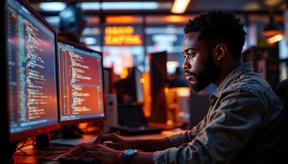 Obraz premium Focused Programmer Coding on Dual Monitors