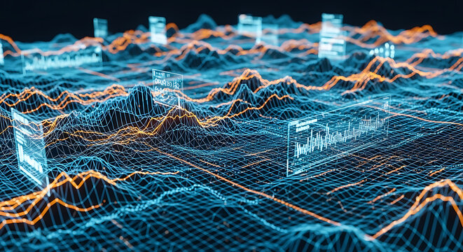 Futuristic digital geology terrain mapping with advanced electronic data telemetry and engineering topography featuring glowing neon contour lines on a virtual landscape for geological research.