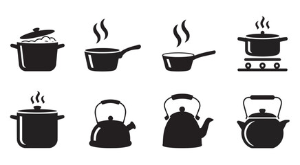 Cooking pots with steam, various styles, saucepan stockpot casserole icons, kitchen equipment set, flat vector illustration graphic design isolated objects © MDMARUF