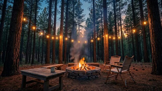 Cozy Camping Site in Pine Forest with Bonfire and String Lights at Dusk - Nature Ambience