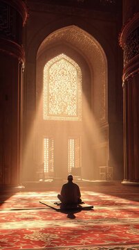 Solitary Muslim man praying in a mosque sunlit golden interior