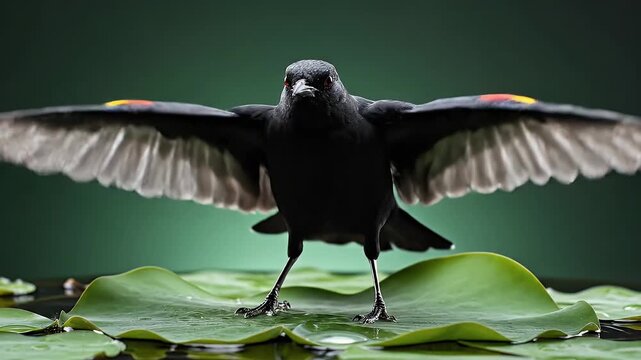 Black bird with red shoulder patches perches on a wet green lily pad in water with green background lighting