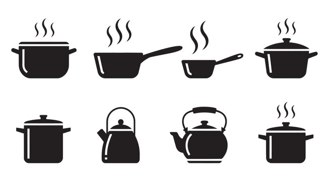 Cooking pots with steam, various styles, kitchen cookware illustration, boiling food concept, vector graphic design, isolated objects on white background