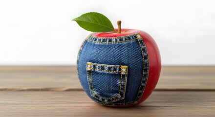 Surreal Blue Denim Fabric Apple with Yellow Stitching, Creative Textile Fruit Sculpture for Rustic Food Art Concept