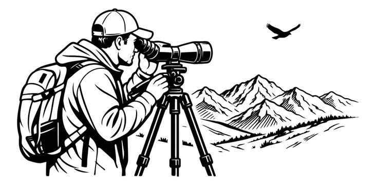 Line art illustration of a hiker depicting birdwatching through a spotting scope for wildlife viewing