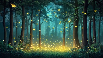 Naklejka premium Enchanted Forest: A mystical forest scene is brought to life, as radiant fireflies dance amid towering trees, creating a captivating spectacle of light and wonder.