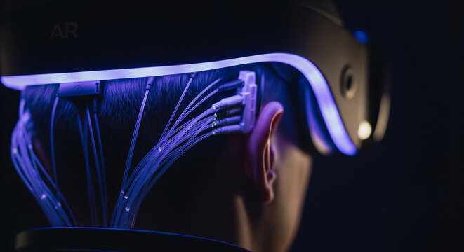 Person wearing a futuristic augmented reality headset with glowing neural connections