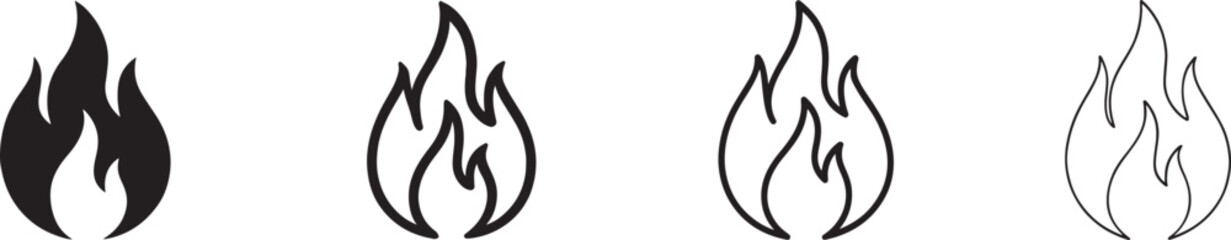 Flame icon with black silhouette and outline lines, fire symbol for warning and energy design.