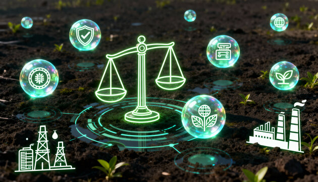 A three-dimensional, neon-lit globe made of glass represents justice, law, and global technology for environmental protection.
