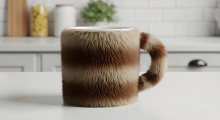 Fur Covered Coffee Mug, Brown Mink Furry Cup Surrealism, Tactile Material Contrast