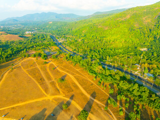 Aerial view mountains land and dry grass in ranong Thailand