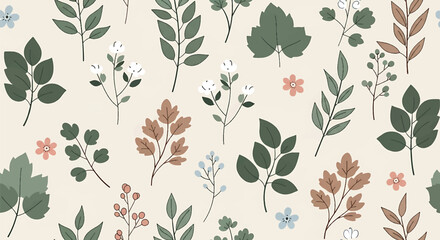 Modern seamless wallpaper pattern with stylized leaves and branches, flat vector illustration inspired by nature, ideal for backgrounds, textiles, and eco design projects