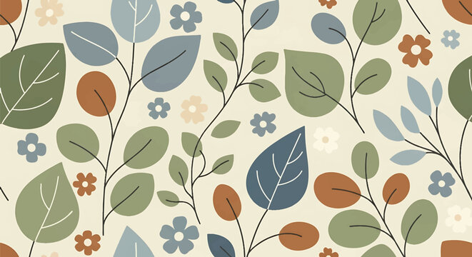 Modern seamless wallpaper pattern with stylized leaves and branches, flat vector illustration inspired by nature, ideal for backgrounds, textiles, and eco design projects