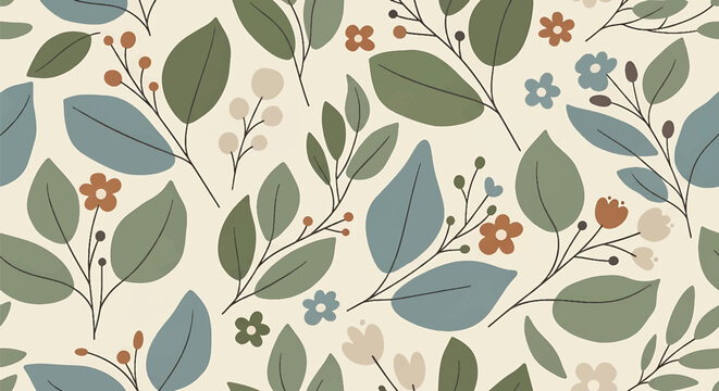 Modern seamless wallpaper pattern with stylized leaves and branches, flat vector illustration inspired by nature, ideal for backgrounds, textiles, and eco design projects
