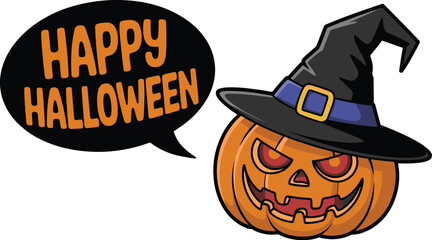 Smiling Jack-O'-Lantern in Witch Hat with Happy Halloween Speech Bubble, Concept of Festive Folklore, Holiday Greetings, Autumn Harvest  © Kamrun
