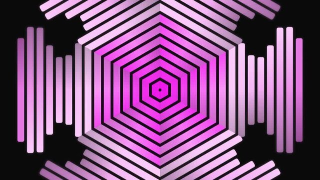 Abstract neon geometric artwork featuring symmetric purple and pink concentric hexagonal patterns with glowing lines and futuristic design.