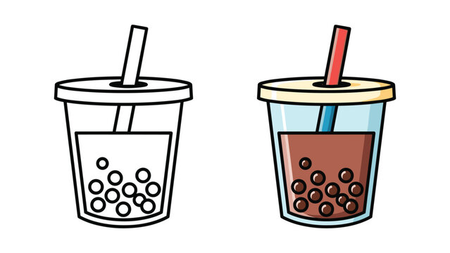 Bubble tea cups with straws and tapioca pearls