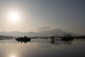 A nature view of sunset or sunrise over lake at Phang Nga Thailand