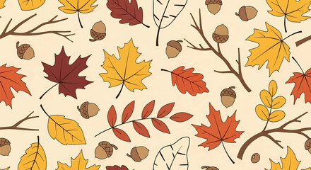 Fototapeta premium Seamless autumn leaves wallpaper pattern in flat vector style, warm nature-inspired background for seasonal and decorative projects
