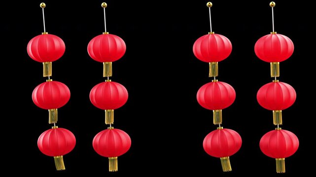 Traditional red Lunar New Year lanterns seamless loop. Isolated on transparent background with alpha channel. 3D rendered festive decorations for 2026 celebration and prosperity