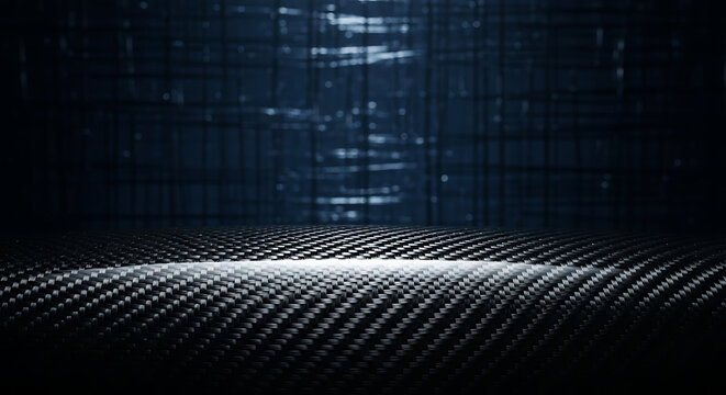 Sleek dark carbon fiber texture featuring subtle blue lighting on an abstract geometric grid pattern background for high-tech industrial aesthetic design.