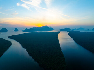 Aerial view sunset sky,Nature light Sunset or sunrise over sea,Colorful scenery sunset sky background,Amazing cloud background