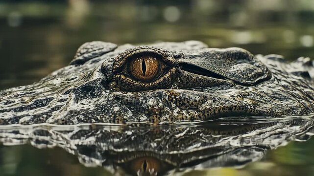 A closeup shows an alligators eye part of its head visible above the waters surface