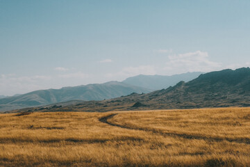 Fototapeta premium Film look landscape of Altay mountains at golden hour. Autumn steppe in East Kazakhstan with tonal perspective. Cinematic retro style, grainy texture, and warm nostalgic nature background.