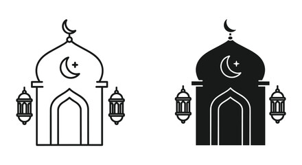 Islamic Mosque Silhouettes with Crescent Moon and Lanterns